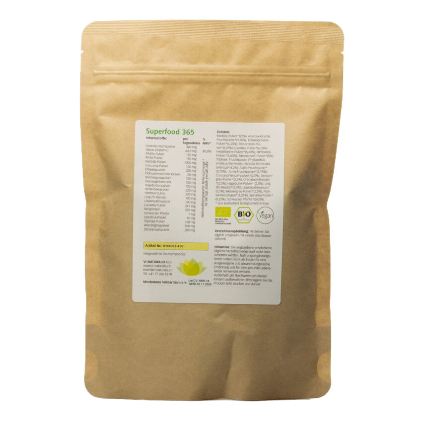 Superfood 365 Bio "Neue Rezeptur" - mit 21 Bio-Superfoods 300 Kapseln Vorratsbeutel – Bild 2