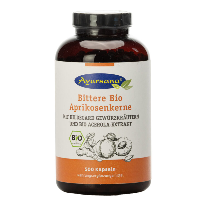 Ayursana Bittere Aprikosenkernkapseln mit Hildegard- Gewürzkräutern, BIO (500 Stück)